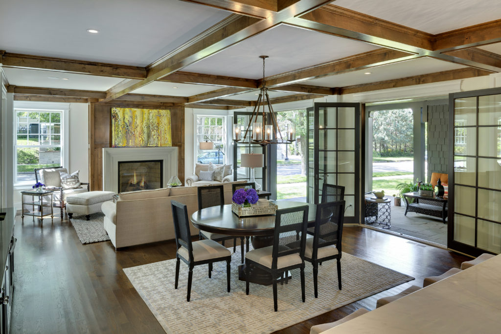 Room with wood-paneled ceiling.